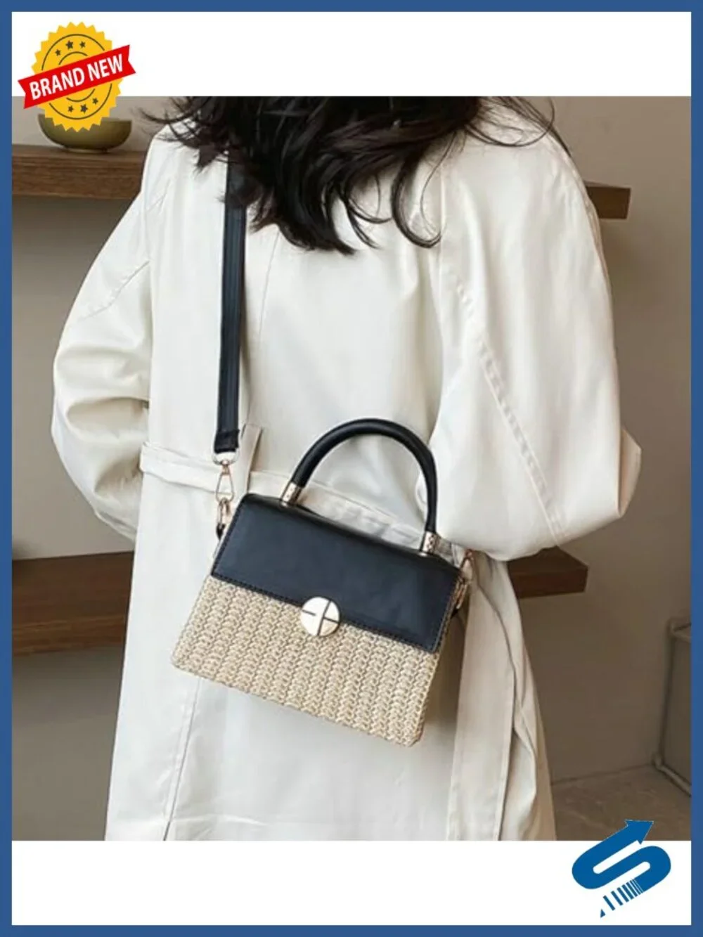 Woven Straw Crossbody Bag Women PU Leather Flap Box Purse Mini Satchel Travel